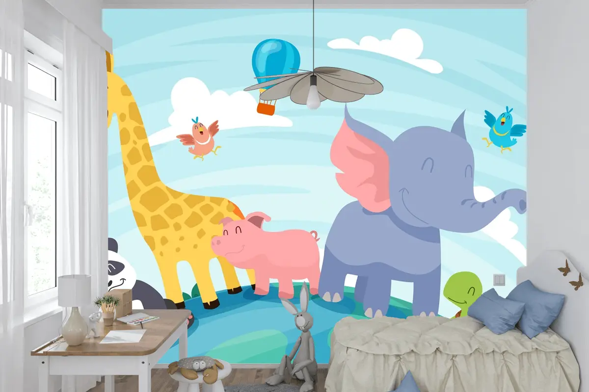 Düz Dünya Hayvan Günü Arka Plan Çocuk Odası Duvar Kağıdı 
