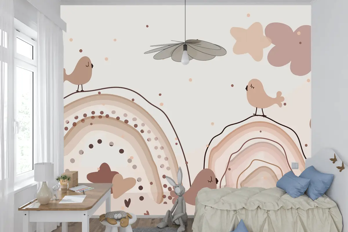 Suluboya Gökkuşağı Mutlu Paskalya Bej Çocuk Odası Duvar Kağıdı