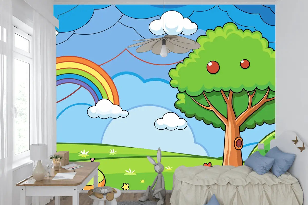 Çocuk Odası Duvar Kağıdı Nde Ağaç Ve Gökkuşağının Bulunduğu Renkli Bir Gökkuşağı Çizimi
