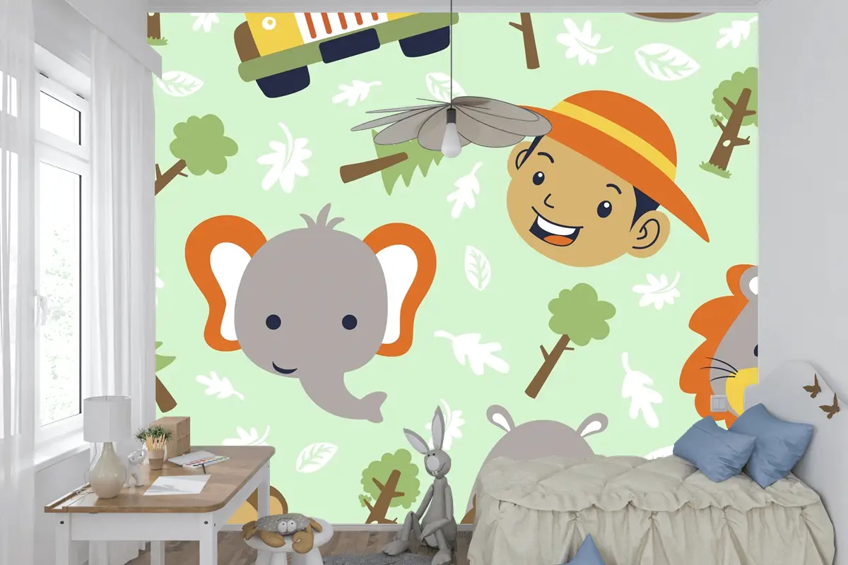 Komik Safari Hayvanları Kafa Karikatürü Ve Kusursuz Desenli Küçük Çocuk Kafası Çocuk Odası Duvar Kağıdı