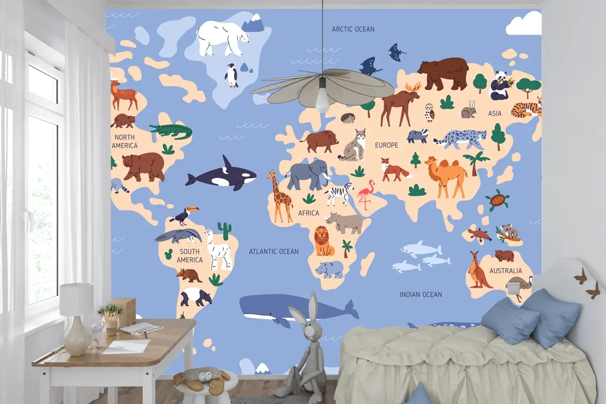 Suda Ve Yeryüzünde Hayvanların Bulunduğu Dünya Haritası Coğrafya Çocuk Odası Duvar Kağıdı