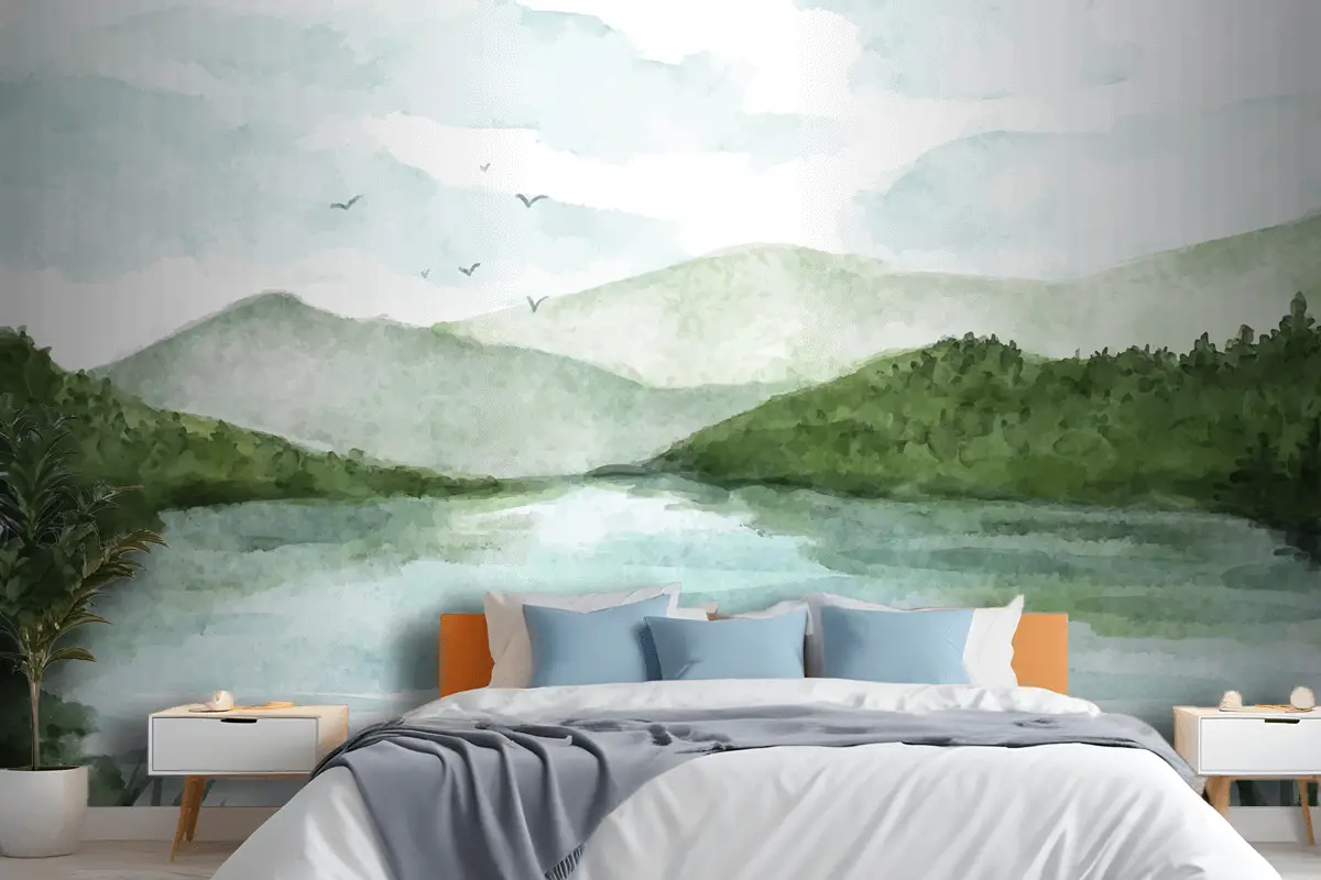 Suluboya Göl Manzarası Yatak Odası Duvar Kağıdı