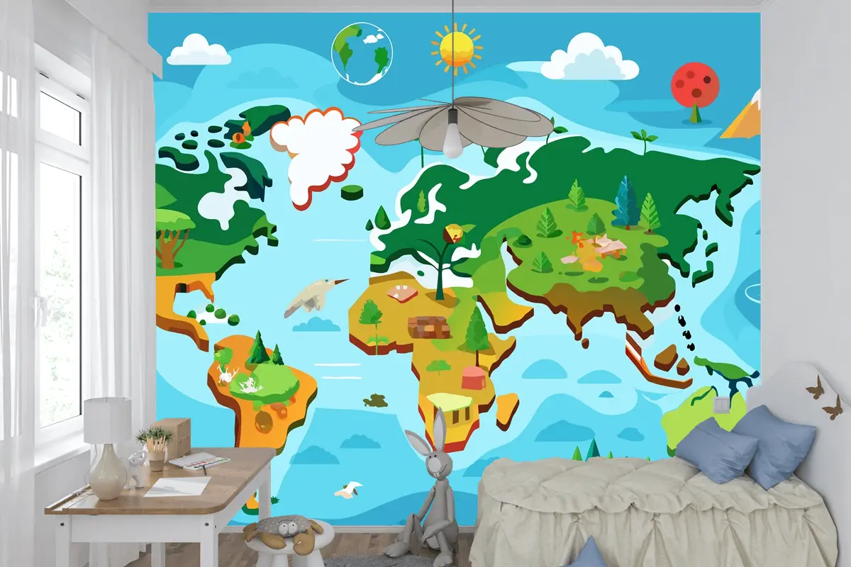 Farklı Ağaç Türleriyle Dünya Haritası İnteraktif Dünya Haritası Çocuk Odası Duvar Kağıdı