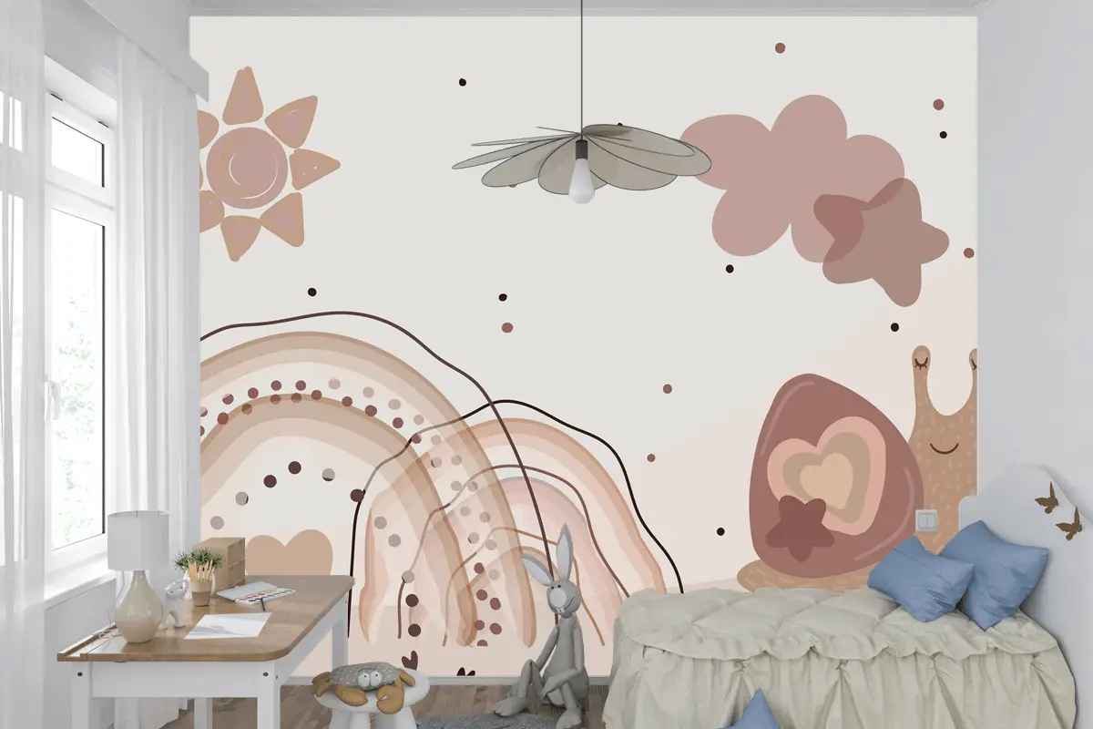 Suluboya Gökkuşağı Ve Salyangoz Bej Çocuk Odası Duvar Kağıdı