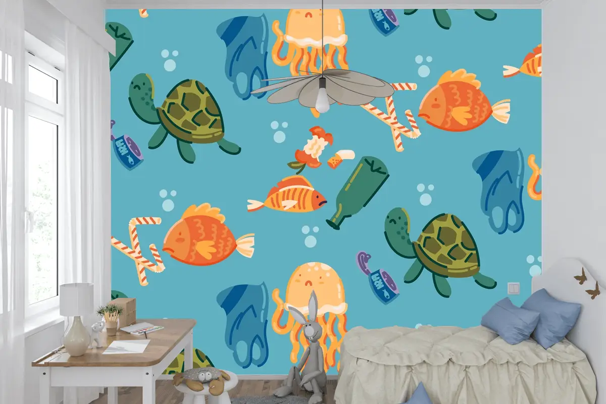 Elle Çizilmiş Okyanusları Kurtar Desen Çocuk Odası Duvar Kağıdı 