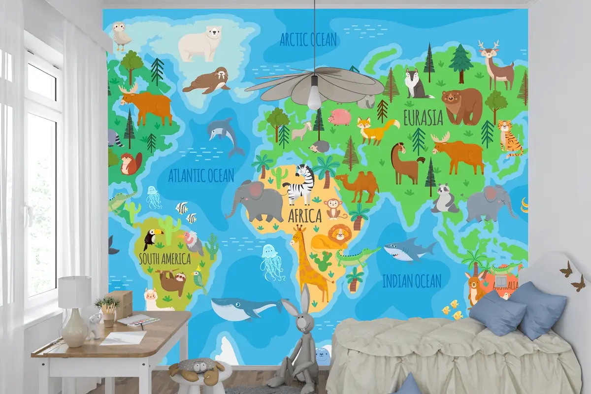 Orman Hayvanları Çocuk Odası Duvar Kağıdı Ile Çocuk Odası İçin Karikatür Dünya Haritası