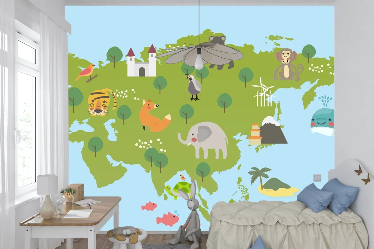 Yaban Hayatı Habitatlarının Çizim Stili Seti Çocuk Odası Duvar Kağıdı