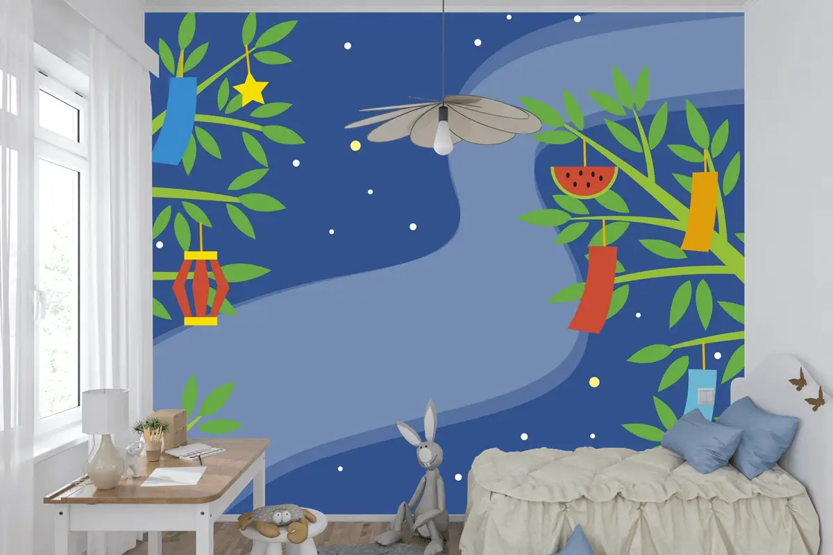 Dallarda Süslemeli Düz Tanabata Arkaplan Çocuk Odası Duvar Kağıdı