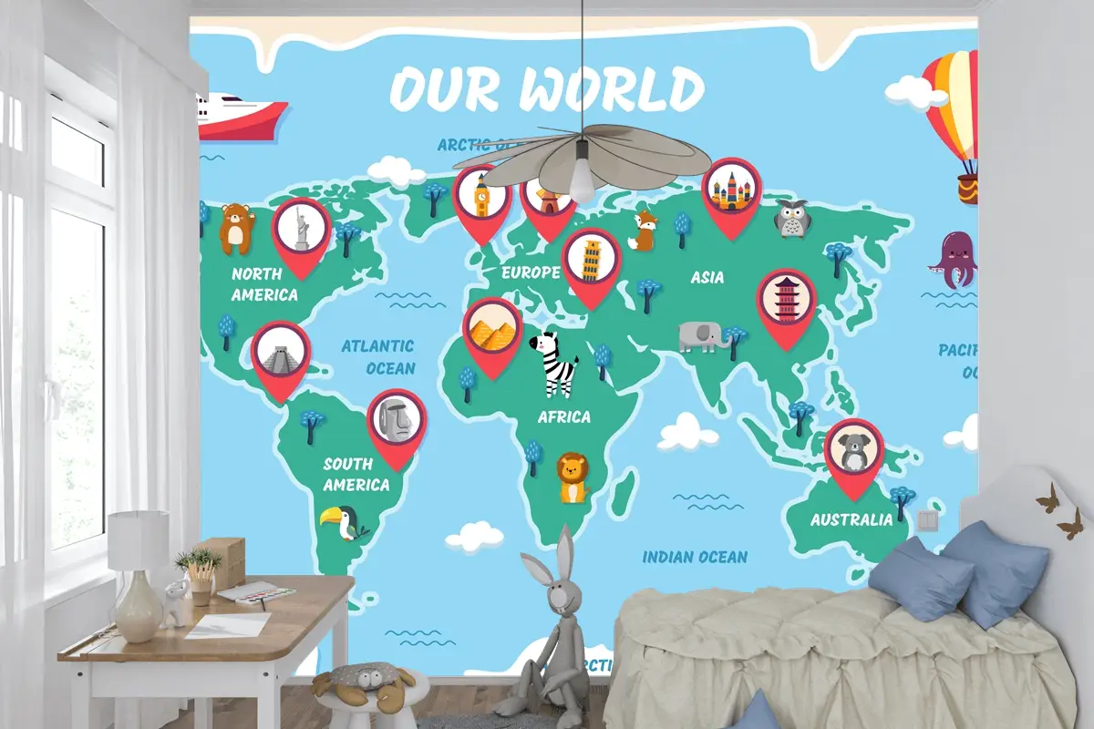 Elle Çizilmiş Çocuk Haritası Çocuk Odası Duvar Kağıdı