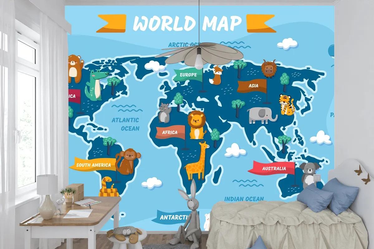 Elle Çizilmiş Çocuk Haritası Çocuk Odası Duvar Kağıdı