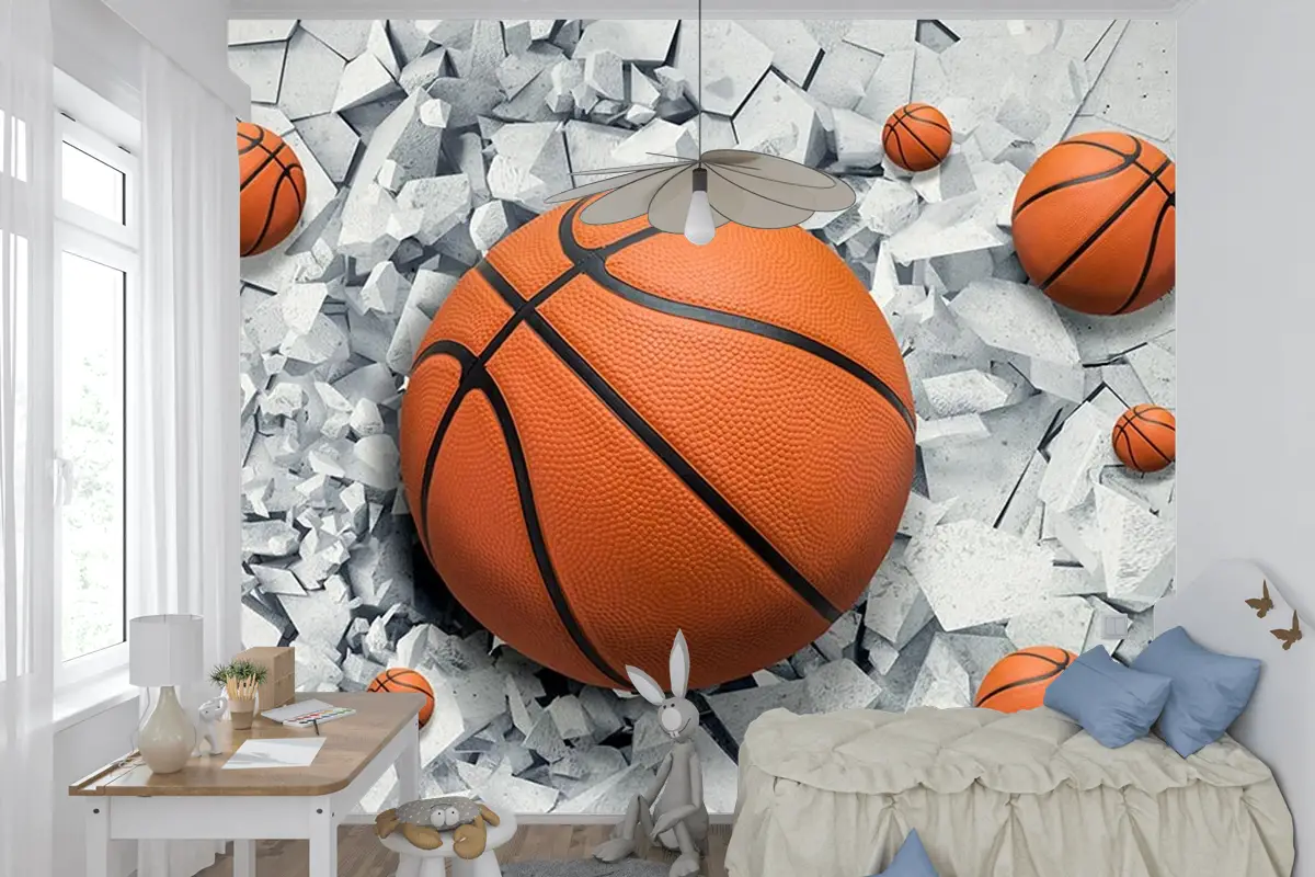 3 Boyutlu Çatlak Duvar Içinde Basketbol Topu Çocuk Odası Duvar Kağıdı