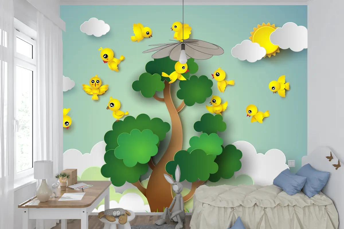 Ağacın Etrafında Uçan Kuş Çocuk Odası Duvar Kağıdı