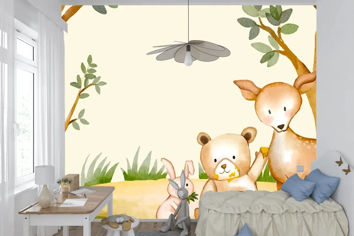 Suluboya Orman Hayvanları Arka Plan Çocuk Odası Duvar Kağıdı 