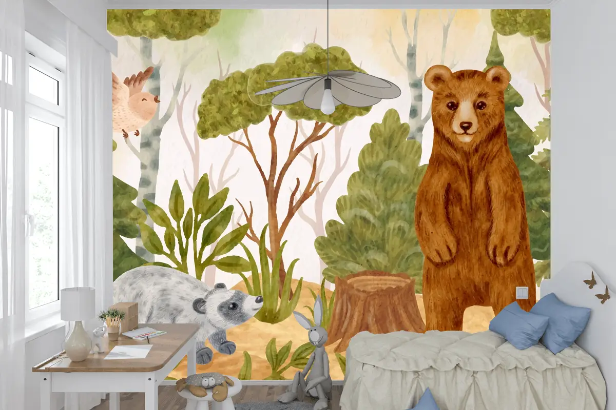 Suluboya Orman Hayvanları Arka Plan Çocuk Odası Duvar Kağıdı 