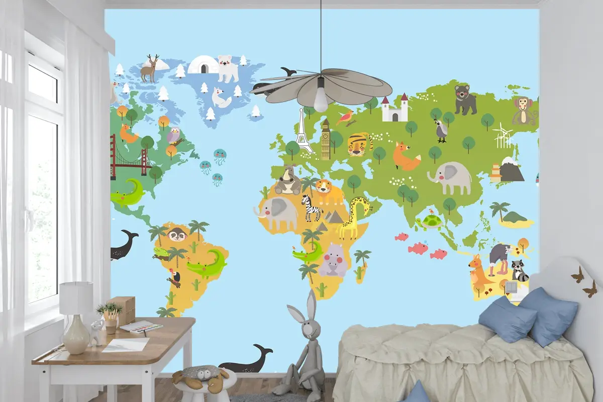 Hayvan Dünya Haritası Çocuk Odası Duvar Kağıdı