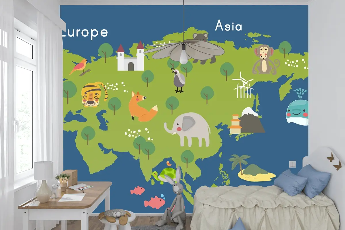 Yaban Hayatı Habitatlarının Çizim Stili Seti Çocuk Odası Duvar Kağıdı