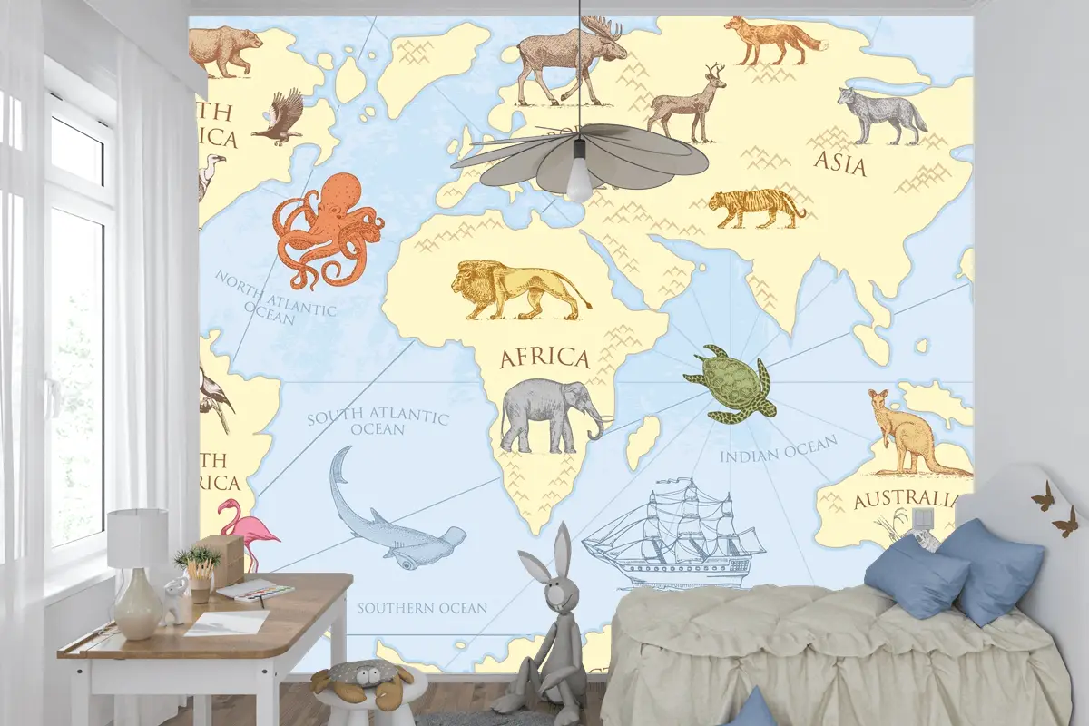 Vahşi Hayvanlarla Vintage Dünya Haritası Çocuk Odası Duvar Kağıdı