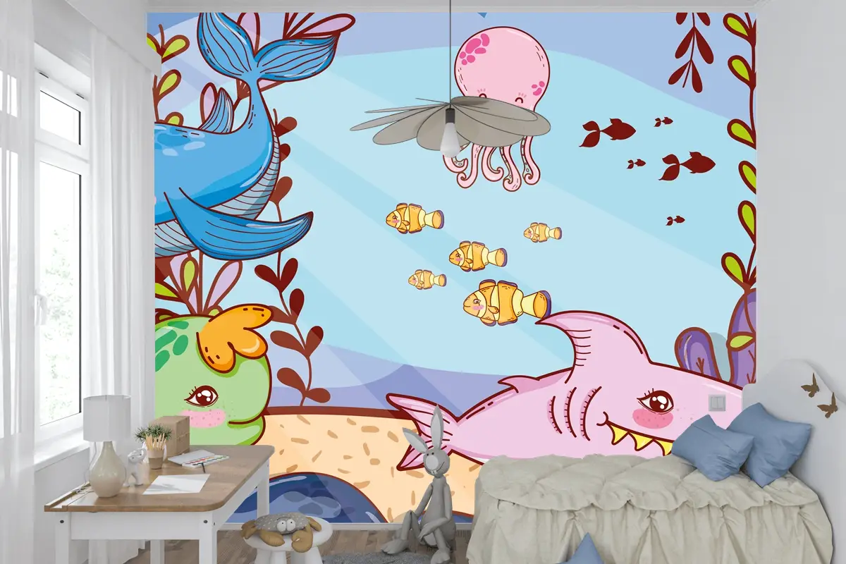 Deniz Yosunu Bitkileri Ile Sevimli Deniz Hayvanları Çocuk Odası Duvar Kağıdı