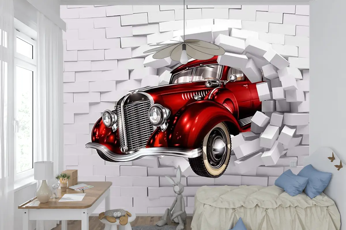 3D Boyutlu Duvardan Çıkan Kırmızı Araba Çocuk Odası Duvar Kağıdı