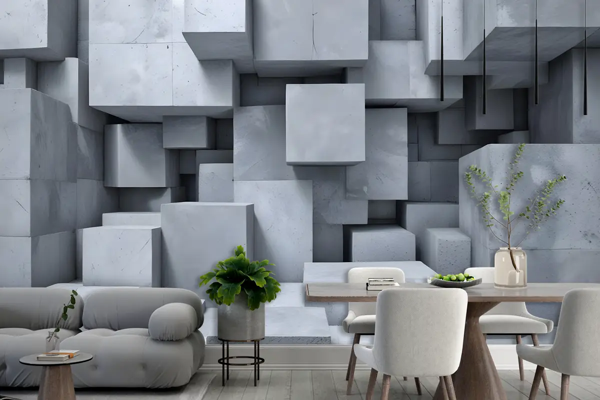 3D Görünümlü Beton Tarzı Gri Soyut Küpler Duvar Kağıdı