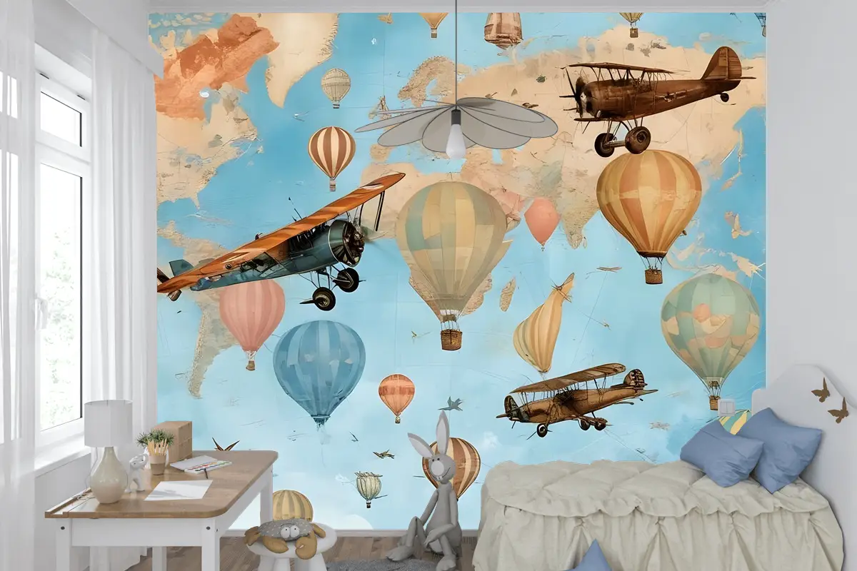 Sıcak Hava Balonu Çocuk Odası Duvar Kağıdı  Ile 3D Görünümlü Çocuk Dünya Haritası