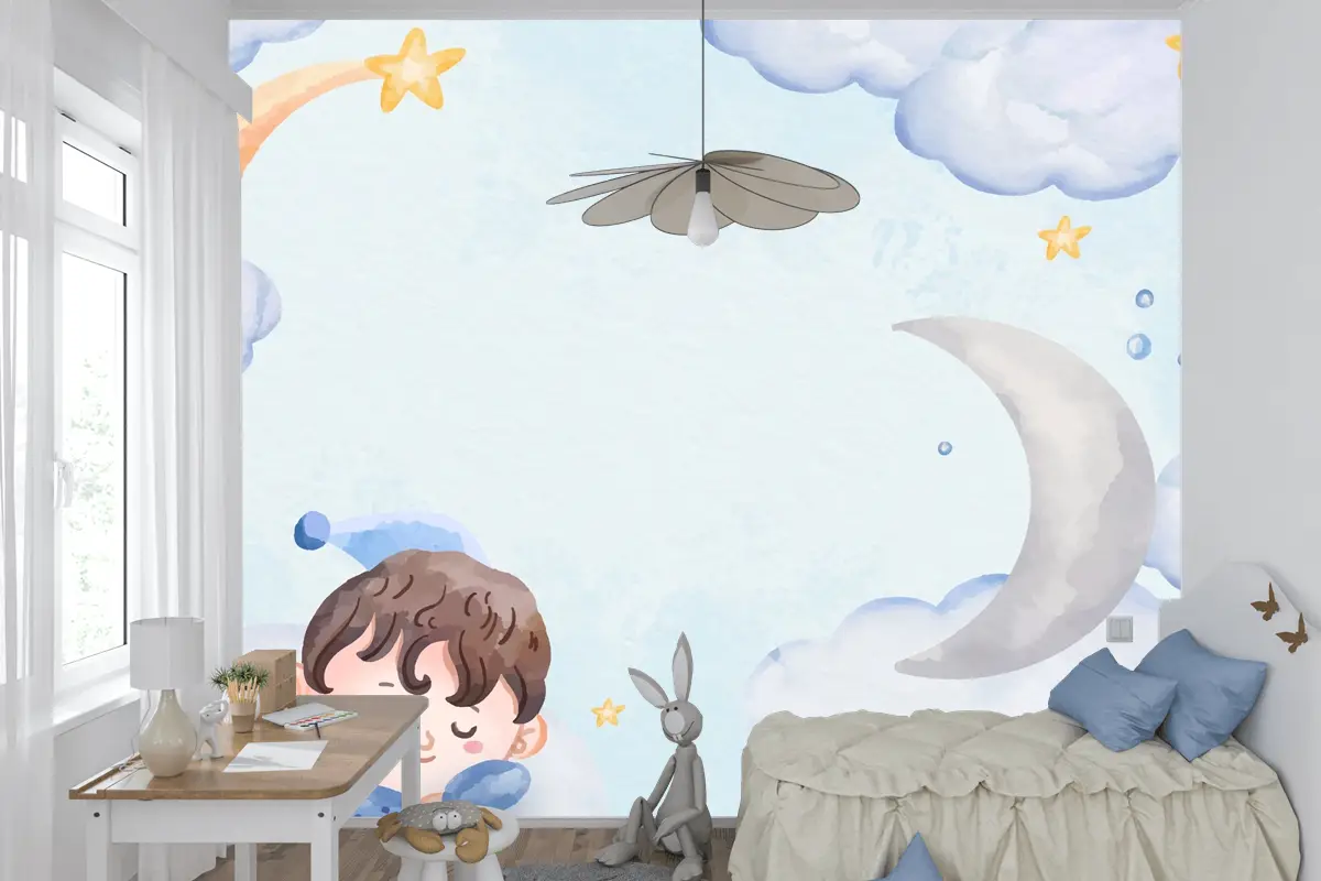 Suluboya Erkek Bebek Arka Plan Çocuk Odası Duvar Kağıdı 