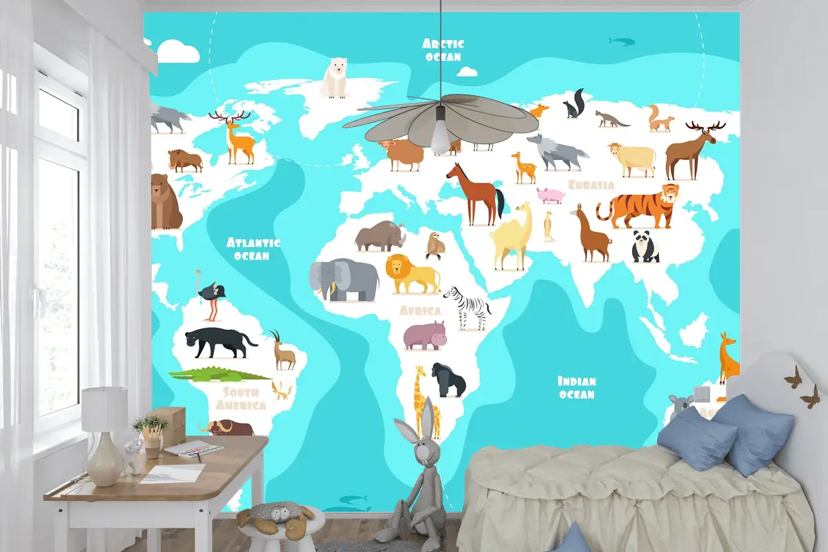 Hayvanlarla Dünya Haritası Dünya Keşfi Komik Çocuklar Coğrafya Çocuk Odası Duvar Kağıdı