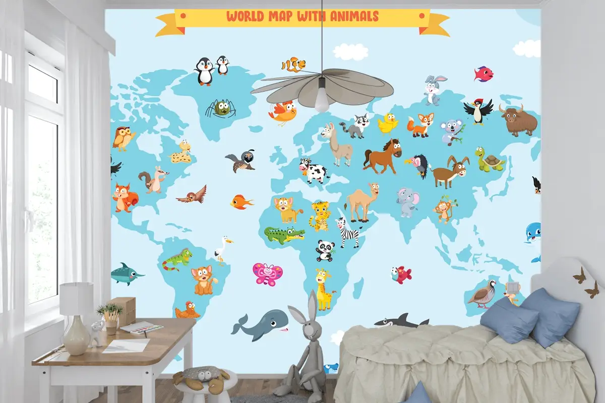Karikatür Hayvanlı Dünya Haritası Çocuk Odası Duvar Kağıdı