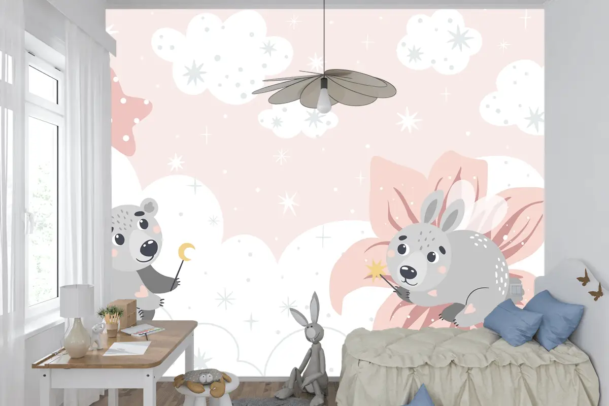 Bulutların Üzerinde Sevimli Masal Hayvanları Çocuk Odası Duvar Kağıdı Yazdırmaya Uygun