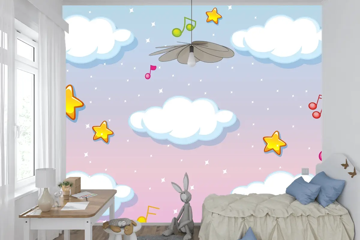 Melodi Temalı Çocuk Odası Duvar Kağıdı  Ile Pastel Gökyüzü Arka Planında Boş Bulutlar