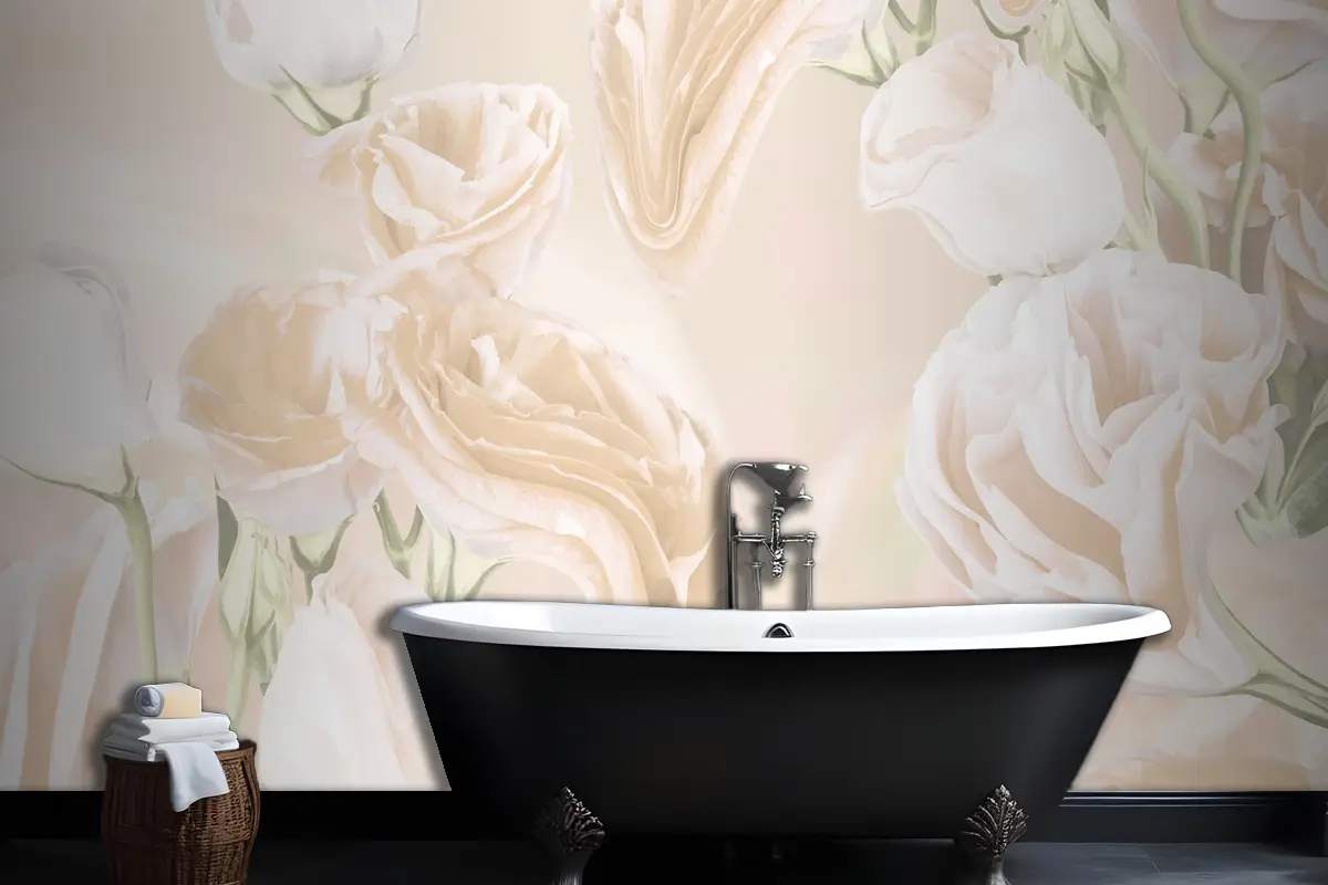 Çiçekli Arka Plan Bej Gül Psychedelic Sanat Banyo Duvar Kağıdı