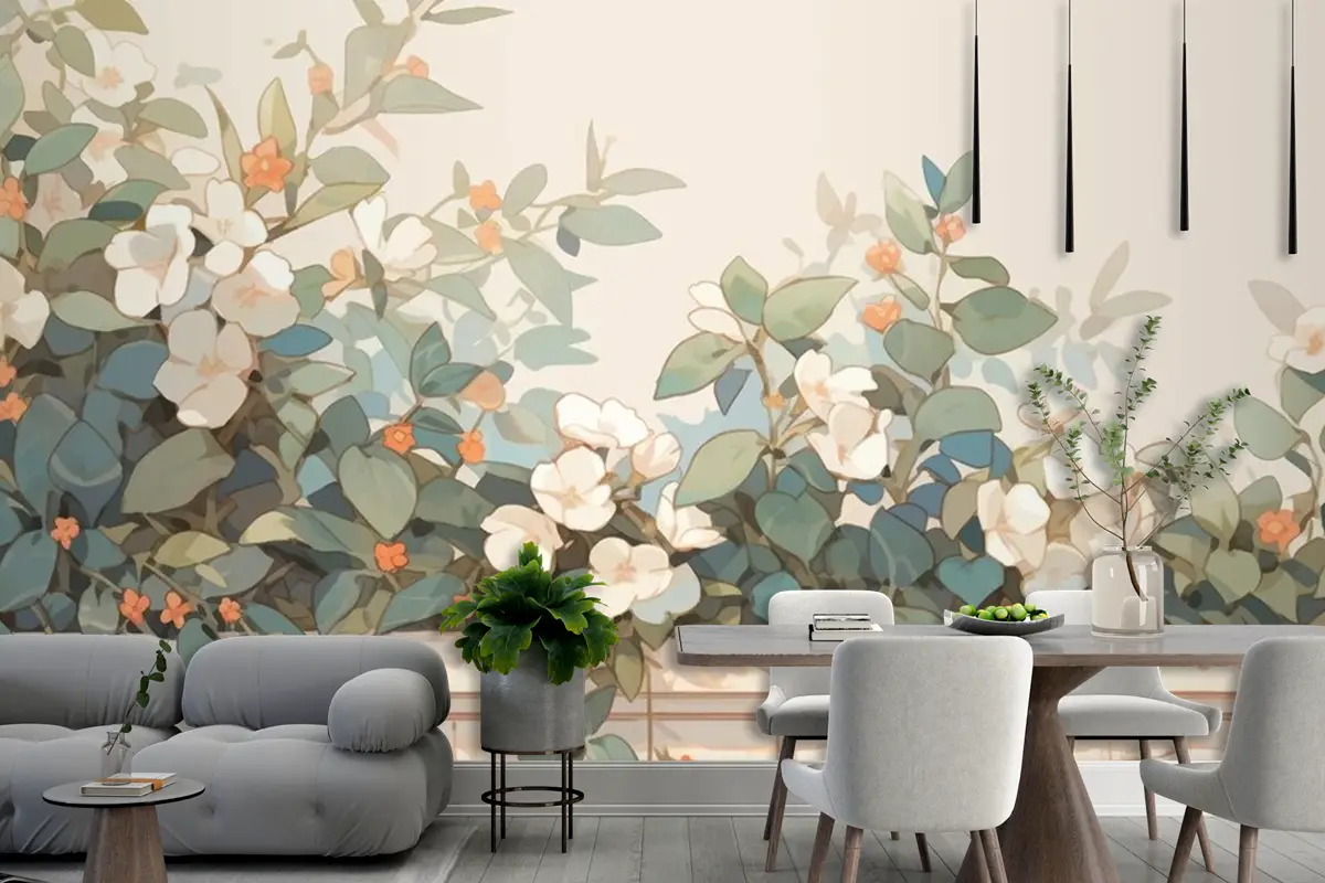 Suluboya Vintage Hoya Teması Tamamlayıcı Renkler Oturma Odası Duvar Kağıdı 