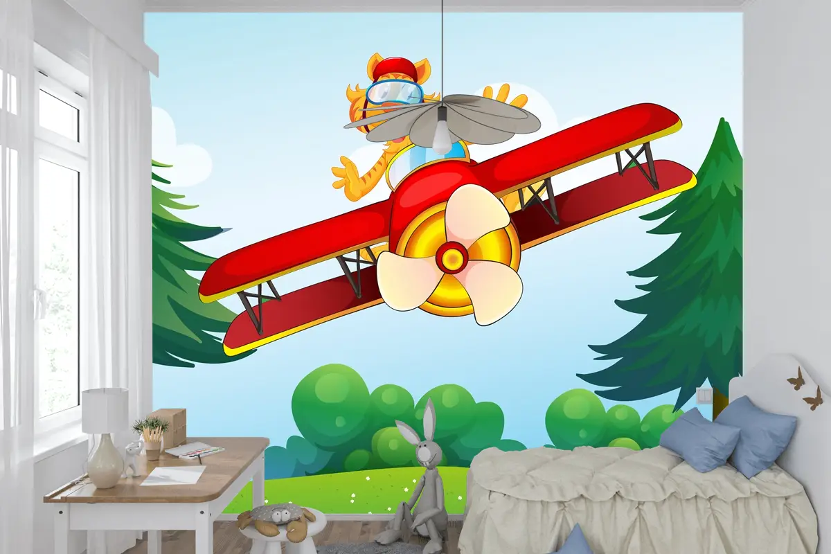 Uçağa Binen Övünen Kaplan Çocuk Odası Duvar Kağıdı
