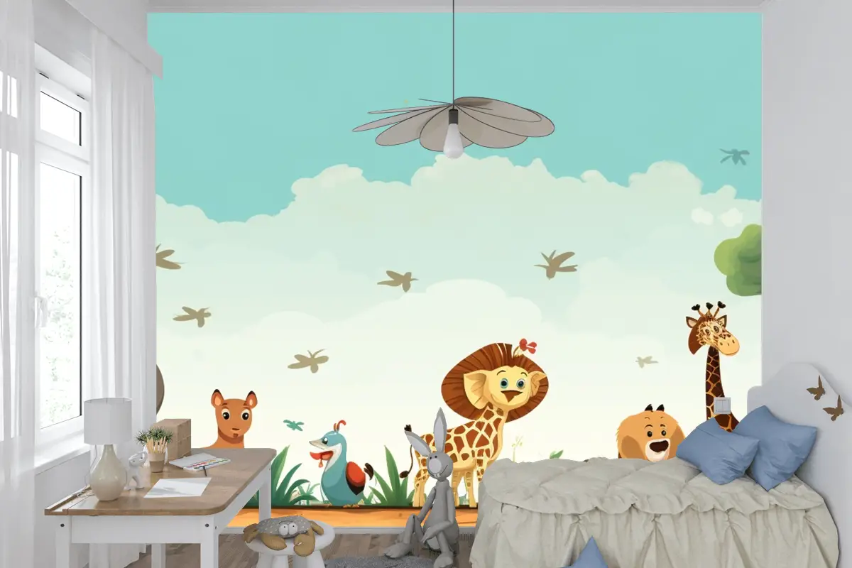 Hayvanların Bulunduğu Bir Tarlada Zürafalar Ve Zürafaların Karikatürü Çocuk Odası Duvar Kağıdı