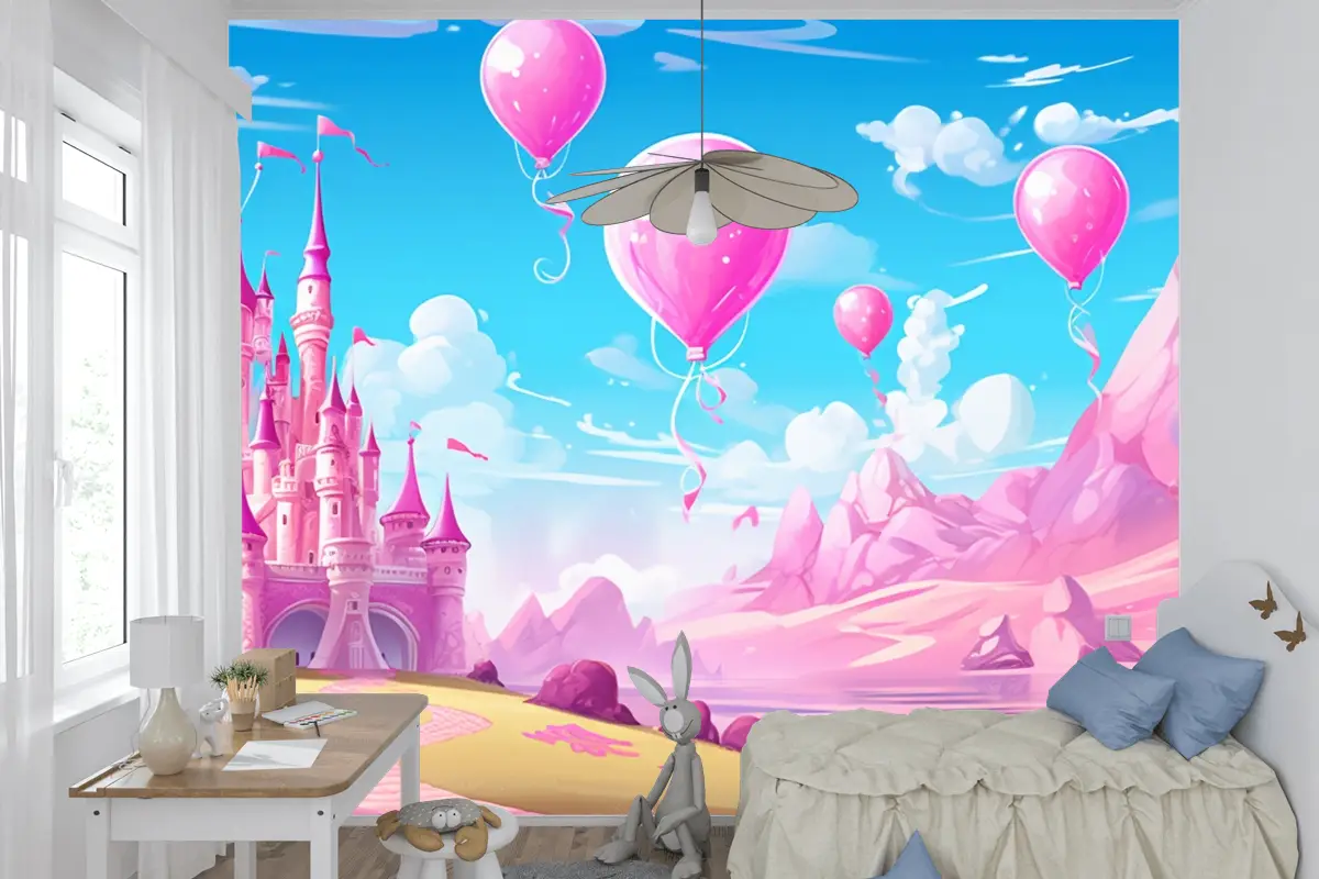 Balonlu Kale Ve Arka Planda Kale Çocuk Odası Duvar Kağıdı