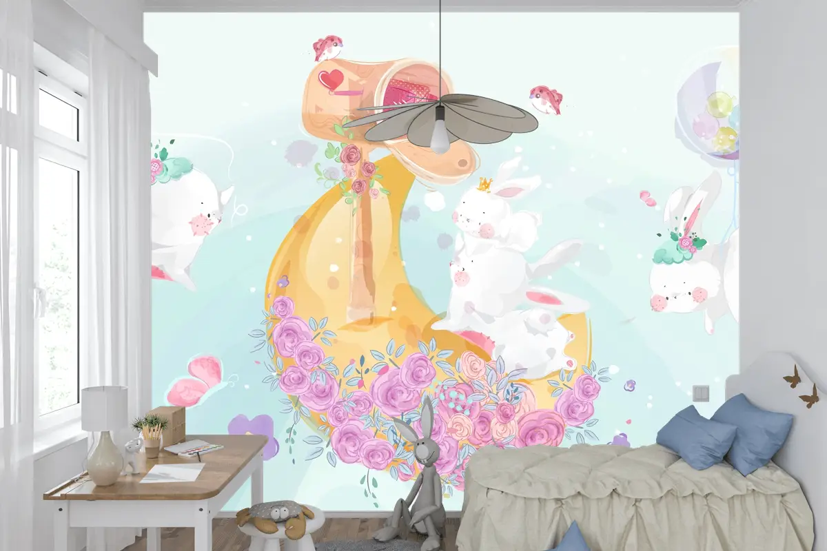 Renkli Suluboya Tarzında Sevimli Küçük Tavşan Çocuk Odası Duvar Kağıdı