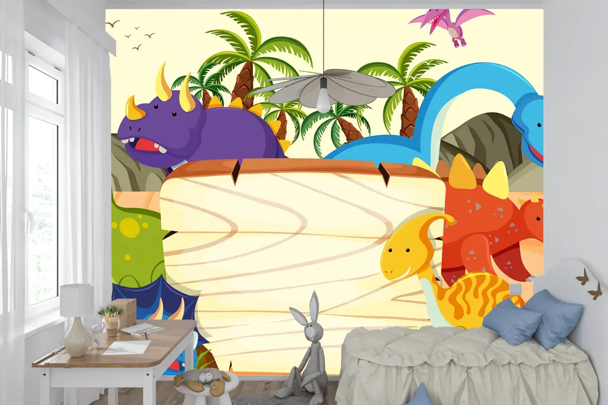 Bir Dinozor Ahşap Tahta Şablonu Çocuk Odası Duvar Kağıdı 