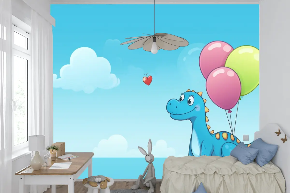 Gökyüzünde Balonları Olan Bir Ejderha Ve Çocuk Odası Duvar Kağıdı Nde Bir Kalp