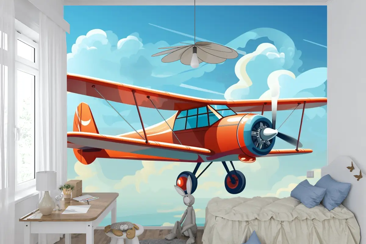 Önünde Pervaneden Alıntı Sözlerinin Bulunduğu Kırmızı Bir Uçağın Çizimi Çocuk Odası Duvar Kağıdı