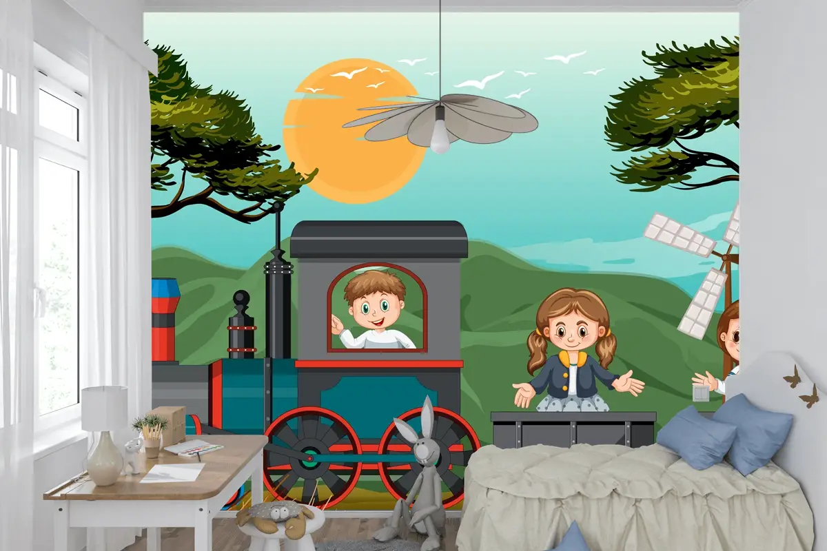 Doğal Sahneli Trende Bir Çocuk Bebek Odası Duvar Kağıdı