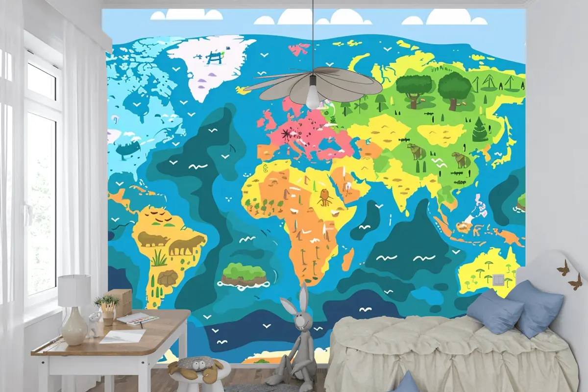 Üzerinde "Dünyadan Alıntı" Sözlerinin Bulunduğu Dünya Haritası Çocuk Odası Duvar Kağıdı