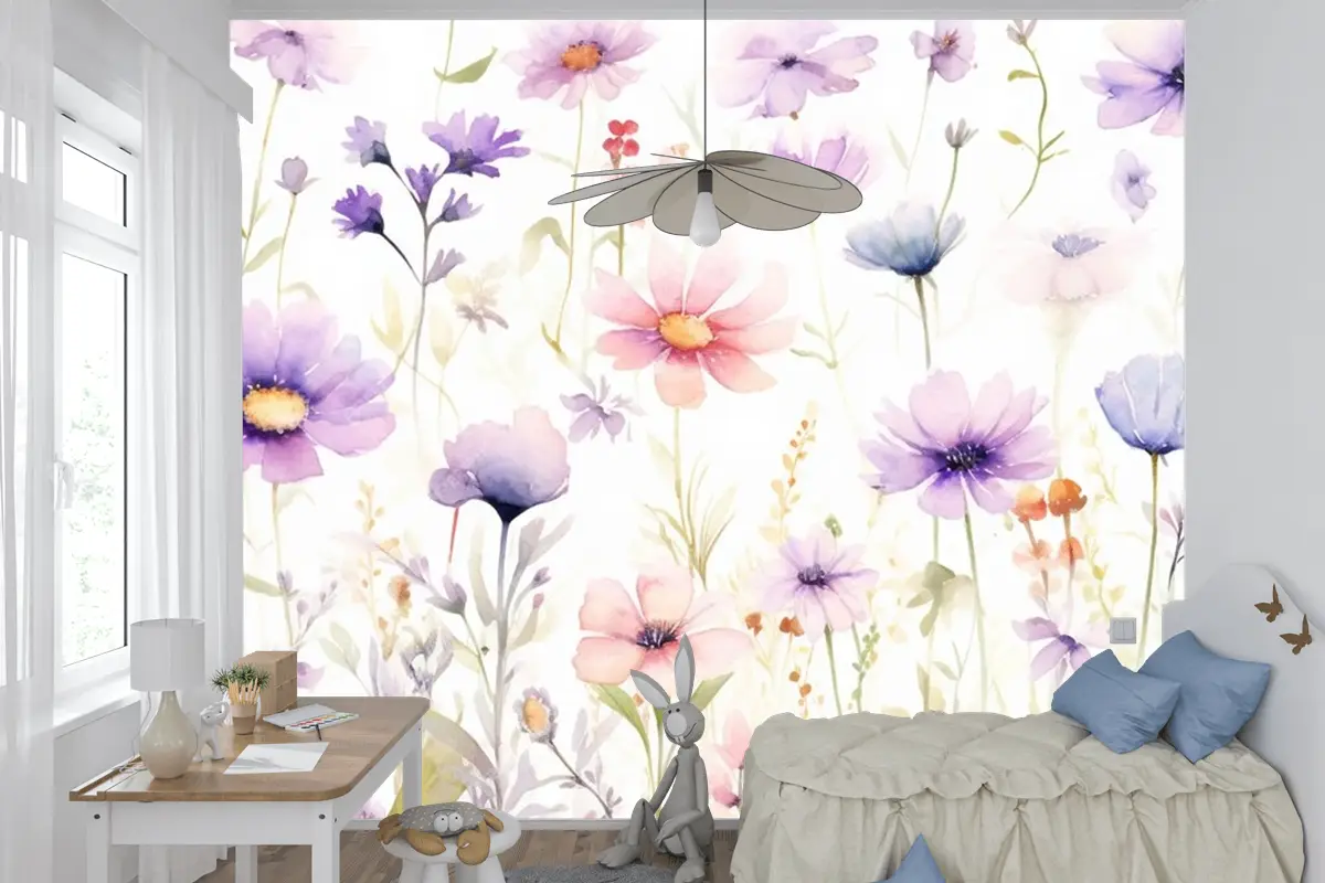 Beyaz Zemin Üzerine Bir Demet Çiçek Tablosu Çocuk Odası Duvar Kağıdı