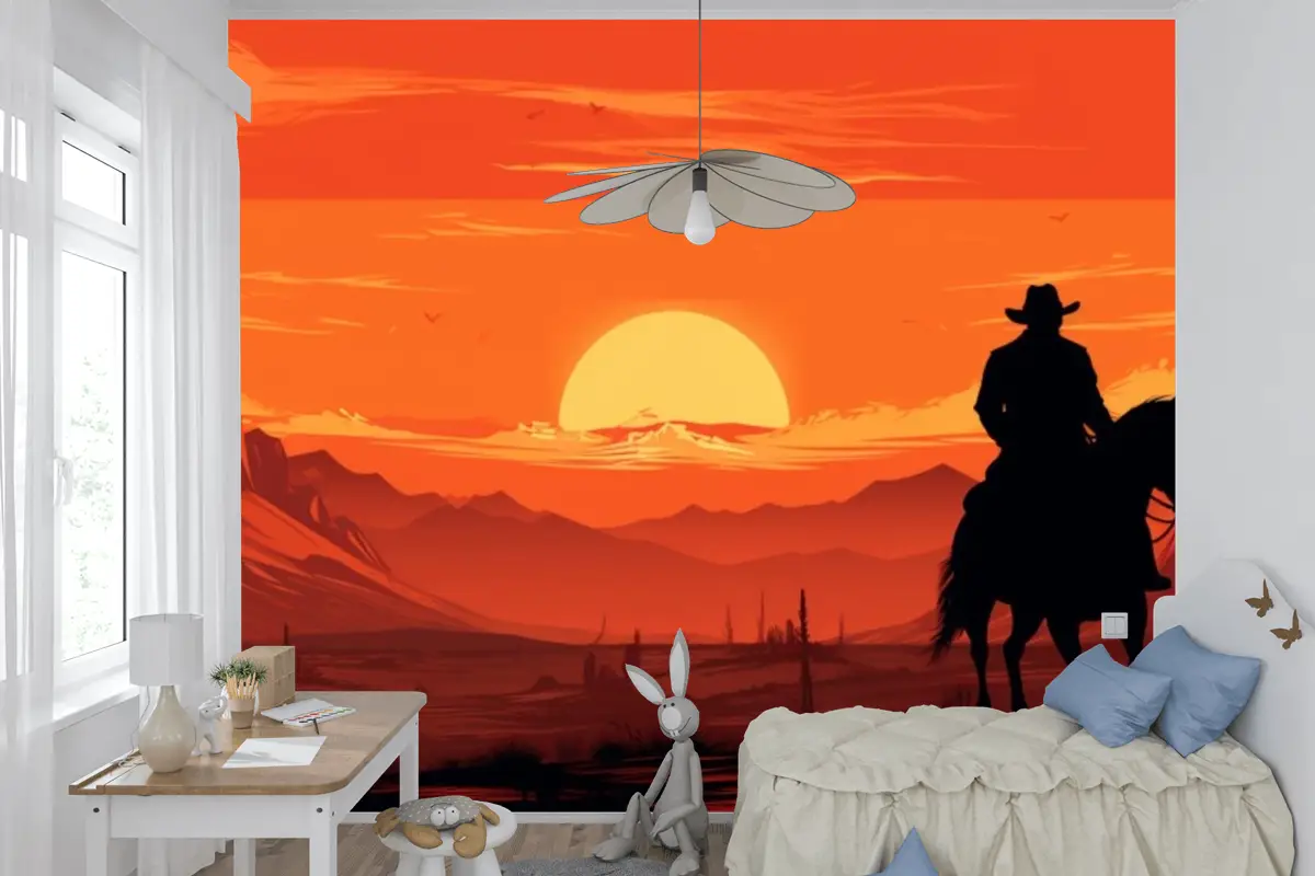 Gün Batımı Önünde Ata Binen Bir Kovboy Tablosu Çocuk Odası Duvar Kağıdı