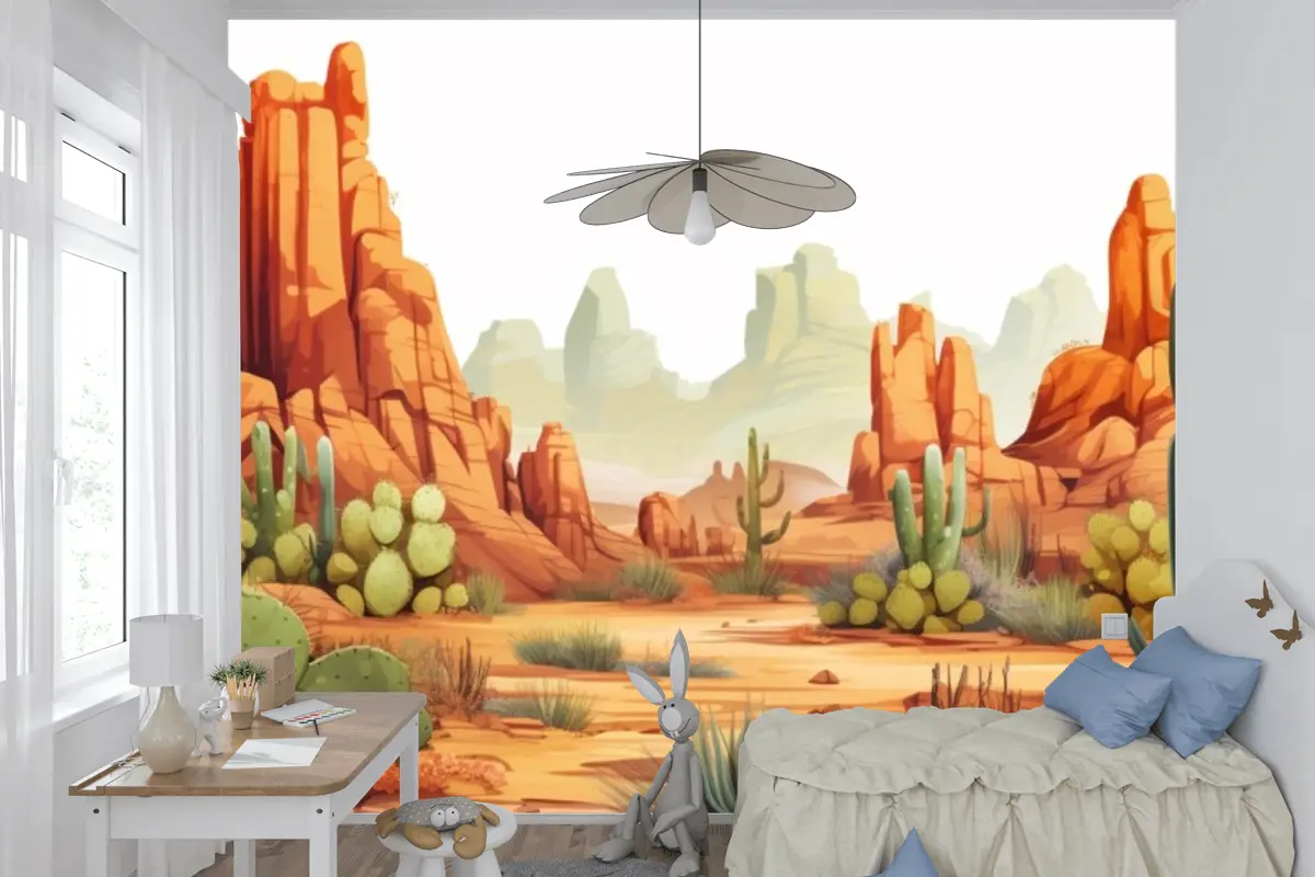 Kaktüs Ve Çöl Manzarası Çocuk Odası Duvar Kağıdı  Ile Bir Çöl Manzarası Tablosu