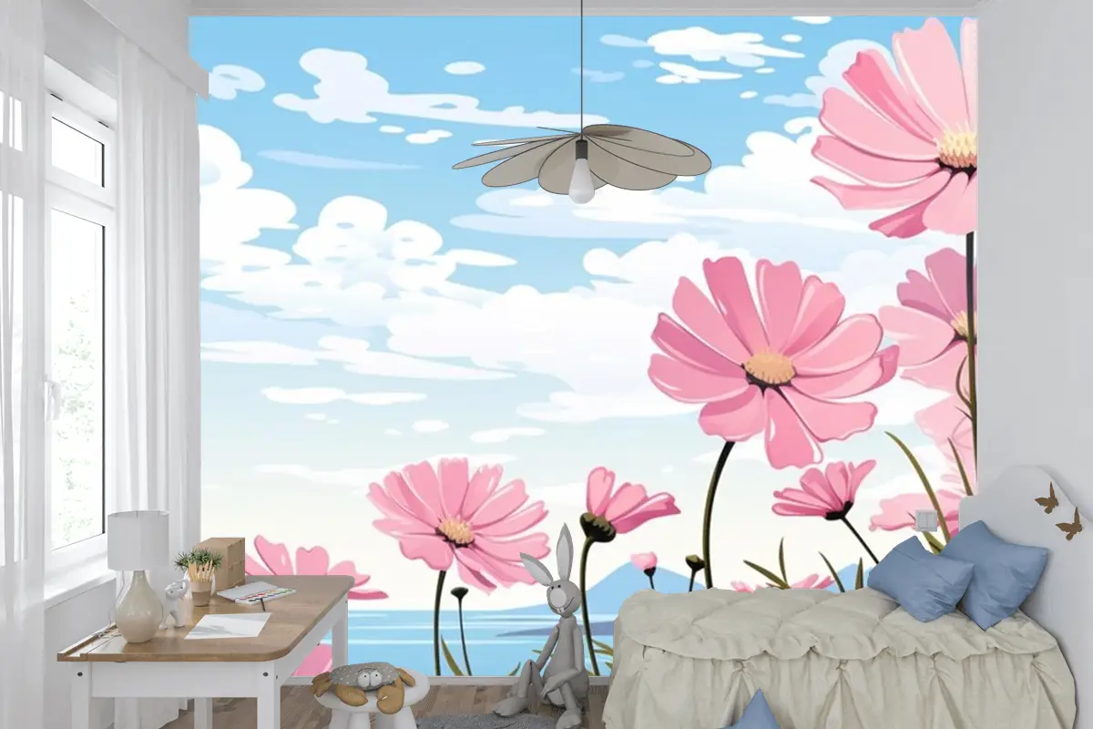 Papatyalar Çocuk Odası Duvar Kağıdı Ile Gökyüzünde Pembe Çiçeklerden Oluşan Bir Tablo