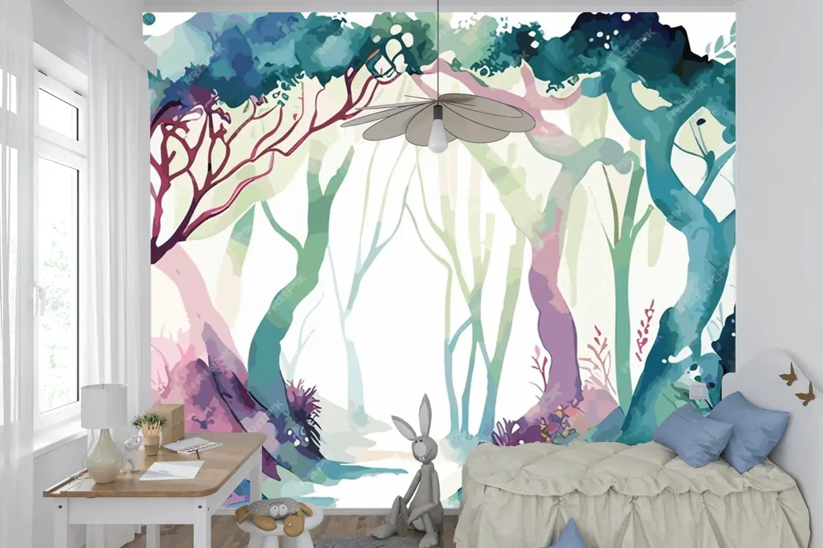 Çocuk Odası Duvar Kağıdına Giden Yolu Olan Bir Ormanın Suluboya Tablosu
