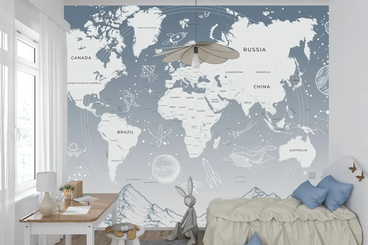 Açık Mavi Güneş Sistemi Galaksi Uzay Çocuk Odası Dünya Haritası Duvar Kağıdı