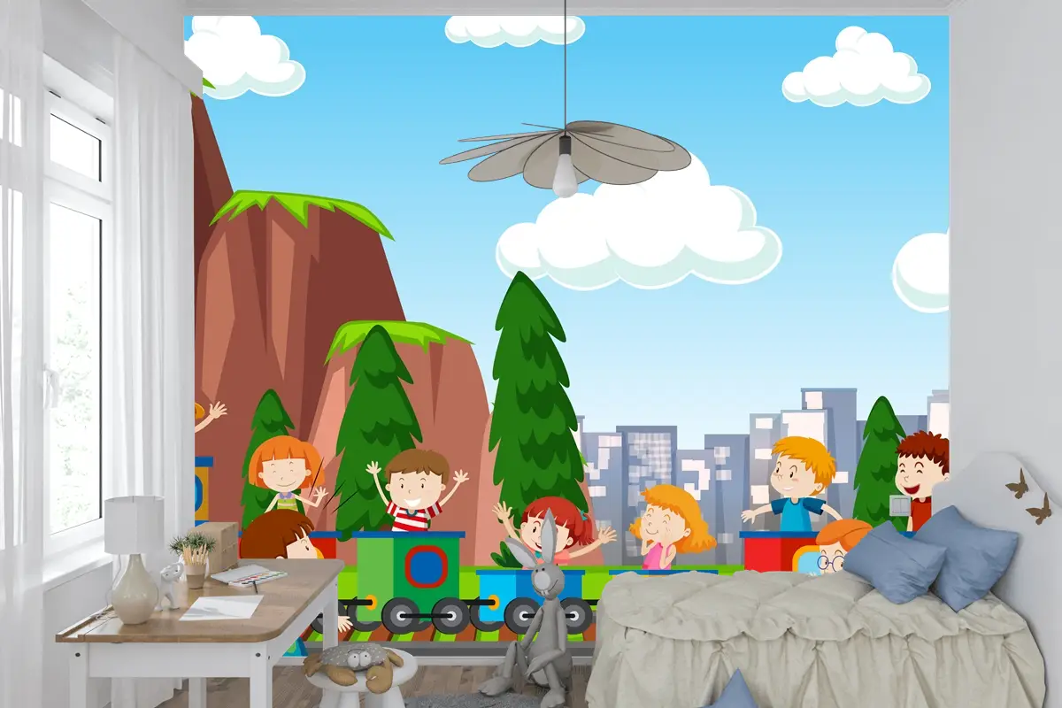 Çocuk Odası Duvar Kağıdı Dışında Spor Ve Eğlence Aktiviteleri Oynayan Aktif Erkek Ve Kız Çocukları