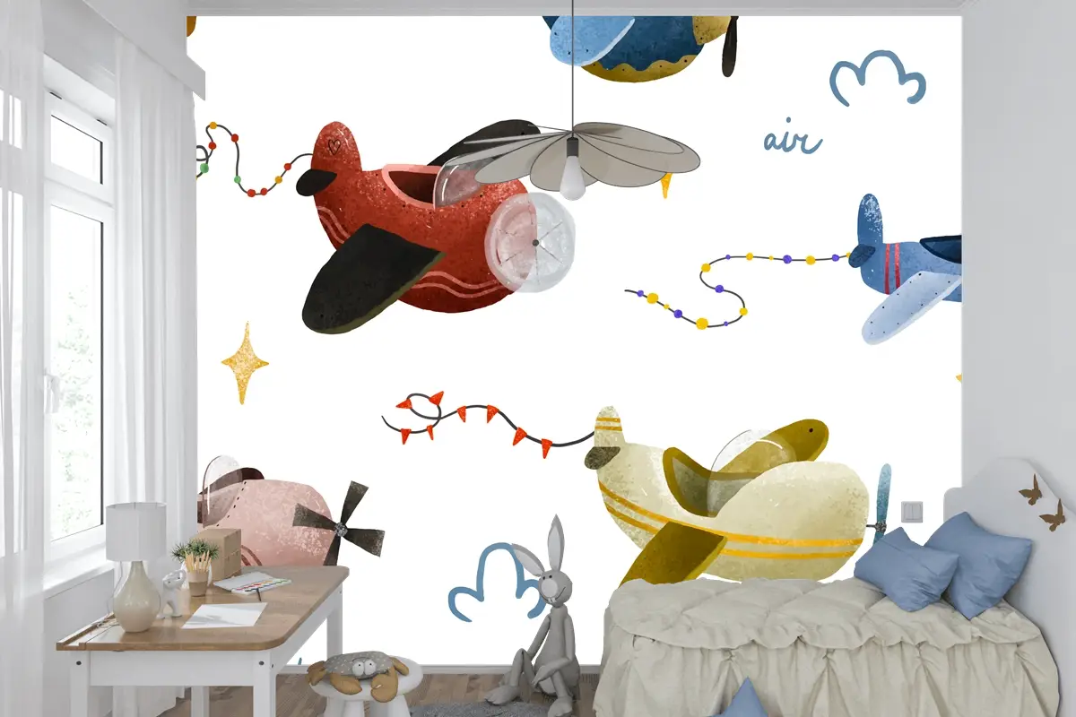 İskandinav Tarzı Çocuk Odası Duvar Kağıdı Duvarında Uçak Ve Bulutlar