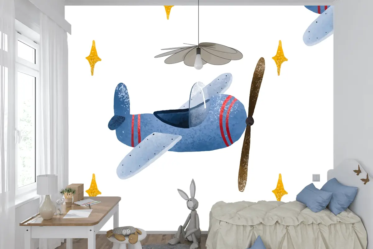 İskandinav Tarzında Uçak Ve Bulutlar Çocuk Odası Duvar Kağıdı